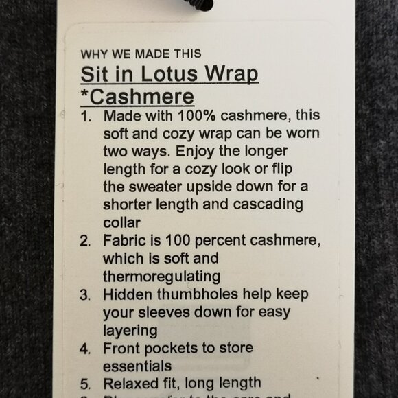 NWT LULULEMON Dark Grey 100% Cashmere Sit In Lotus LS Wrap Sweater Cardigan 2 - Picture 8 of 8